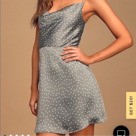 Lulus Spot in My Heart Sage Grey Polka Dot Satin Cowl Neck Mini Dress small NWT‎ - Picture 3 of 16
